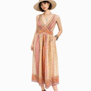 Anthropologie Anna Sui Bohemian Silk Blend Maxi Dress Ethnic V-Neck Sleeveless